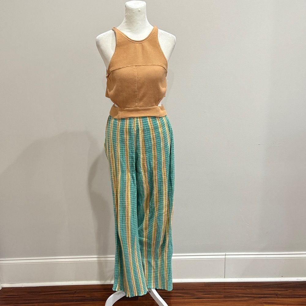 Free People 2 Piece Set Striped Green and Tan Wide-Leg Pants Size Small